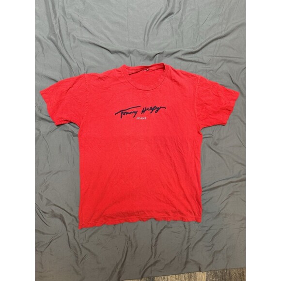 Vintage 90s Tommy Hilfiger Jeans Script Signature Embroidered Shirt Mens L Red - Picture 1 of 10